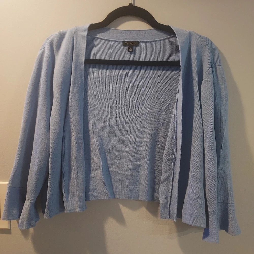 Talbots Blue Bolero Cropped Open Front Cardigan 3/4 Ruffle Sleeve in Size XL